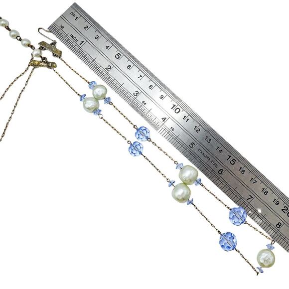 Vintage MCM Signed Lisner Necklace Double Strand Blue Crystal Faux Pearls 16 In - Picture 5 of 5